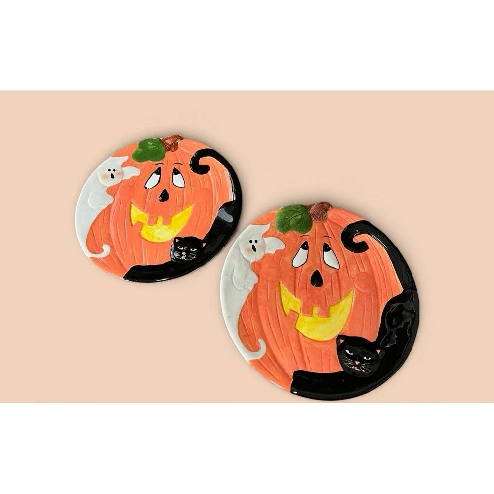 Halloween Jack-O-Lantern Ghost Black Cat Multicolor Dinner Snack Canape Plates 2